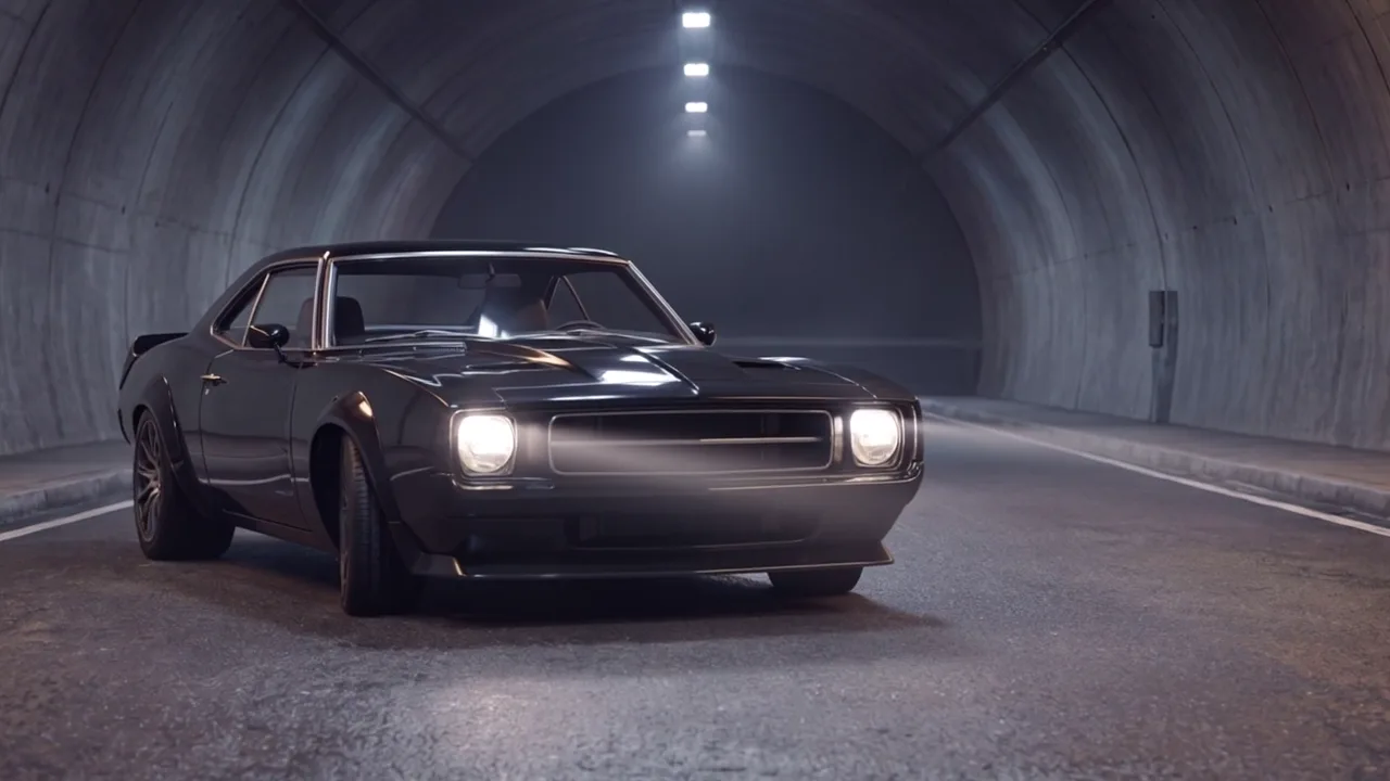 Un coupé muscle negro en un túnel de concreto.