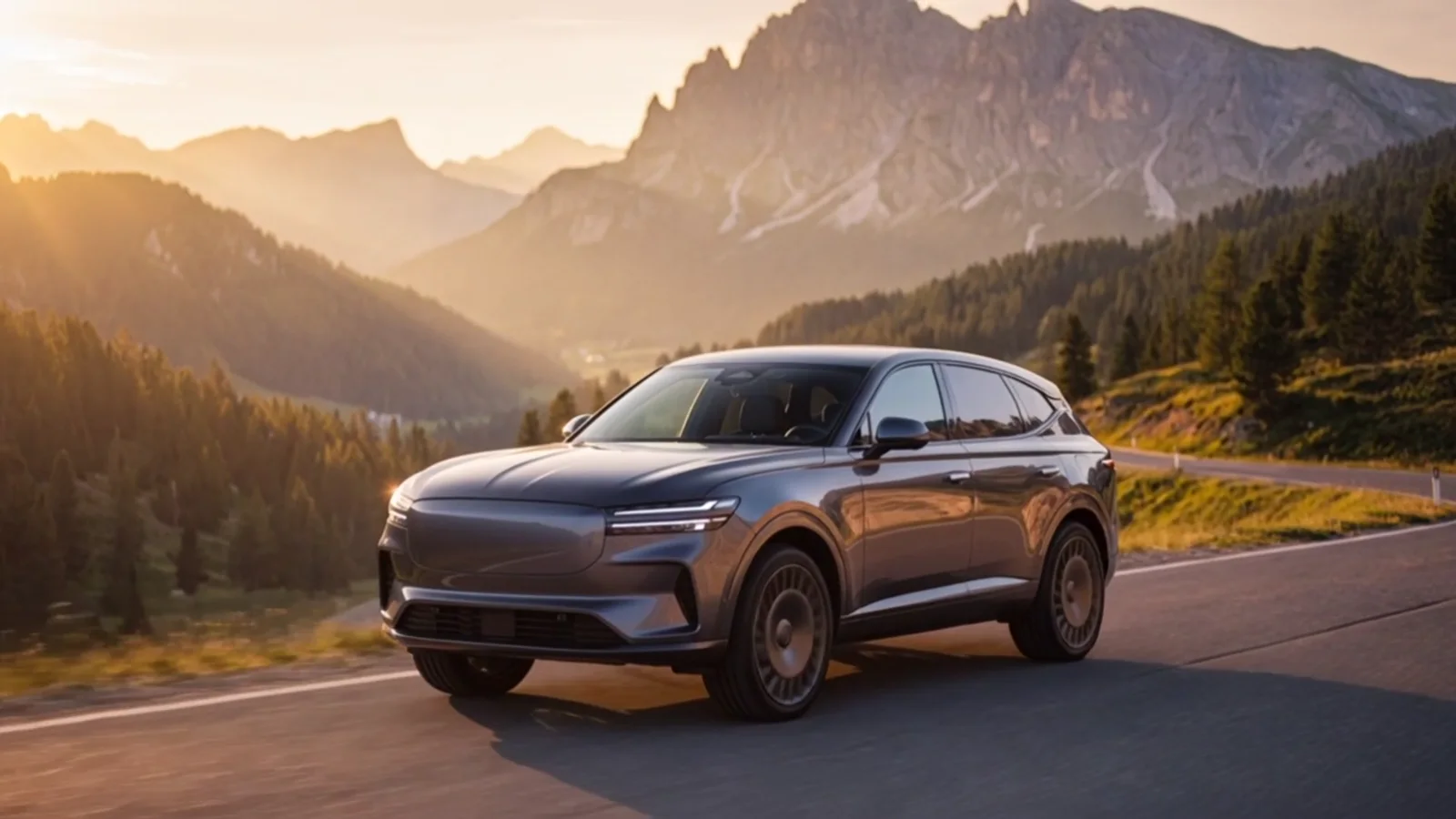 Un SUV de lujo color grafito en una carretera panorámica de montaña al atardecer.