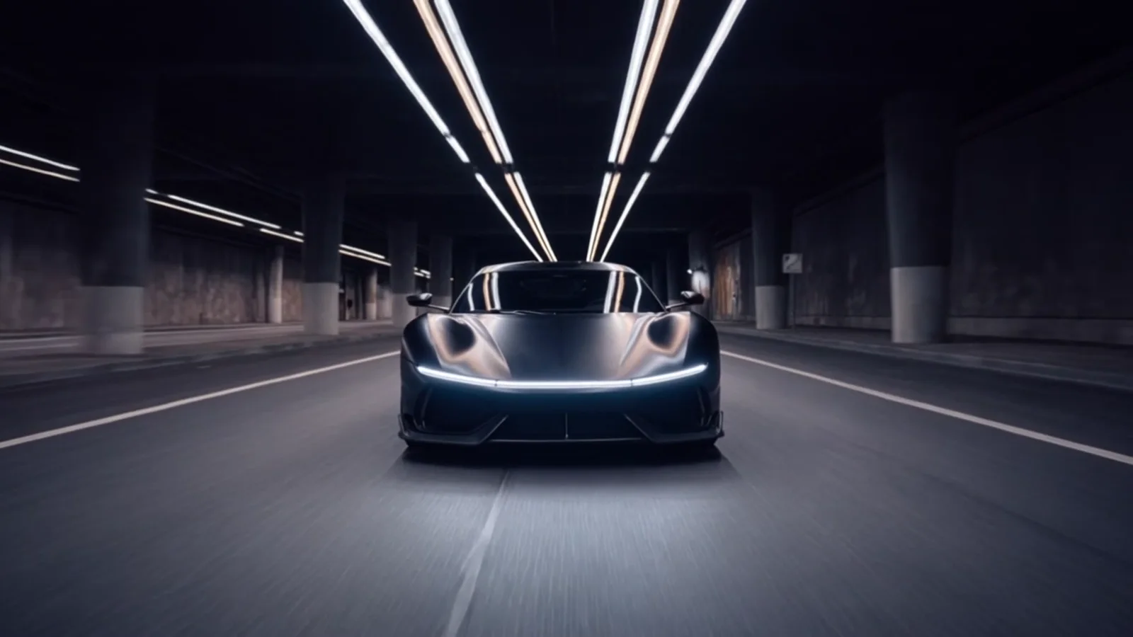 Un hypercar conceptual negro mate de frente en un túnel de luz, con una barra LED encendida de lado a lado.